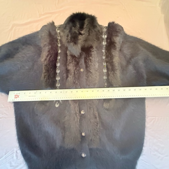 Vintage Black Fur-Trimmed Embellished Button Cardigan Sweater Size Large - Picture 3 of 11